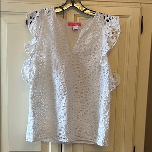 Lilly Pulitzer White Eyelet V-Neck Top worn one and dry cleaned. Size L